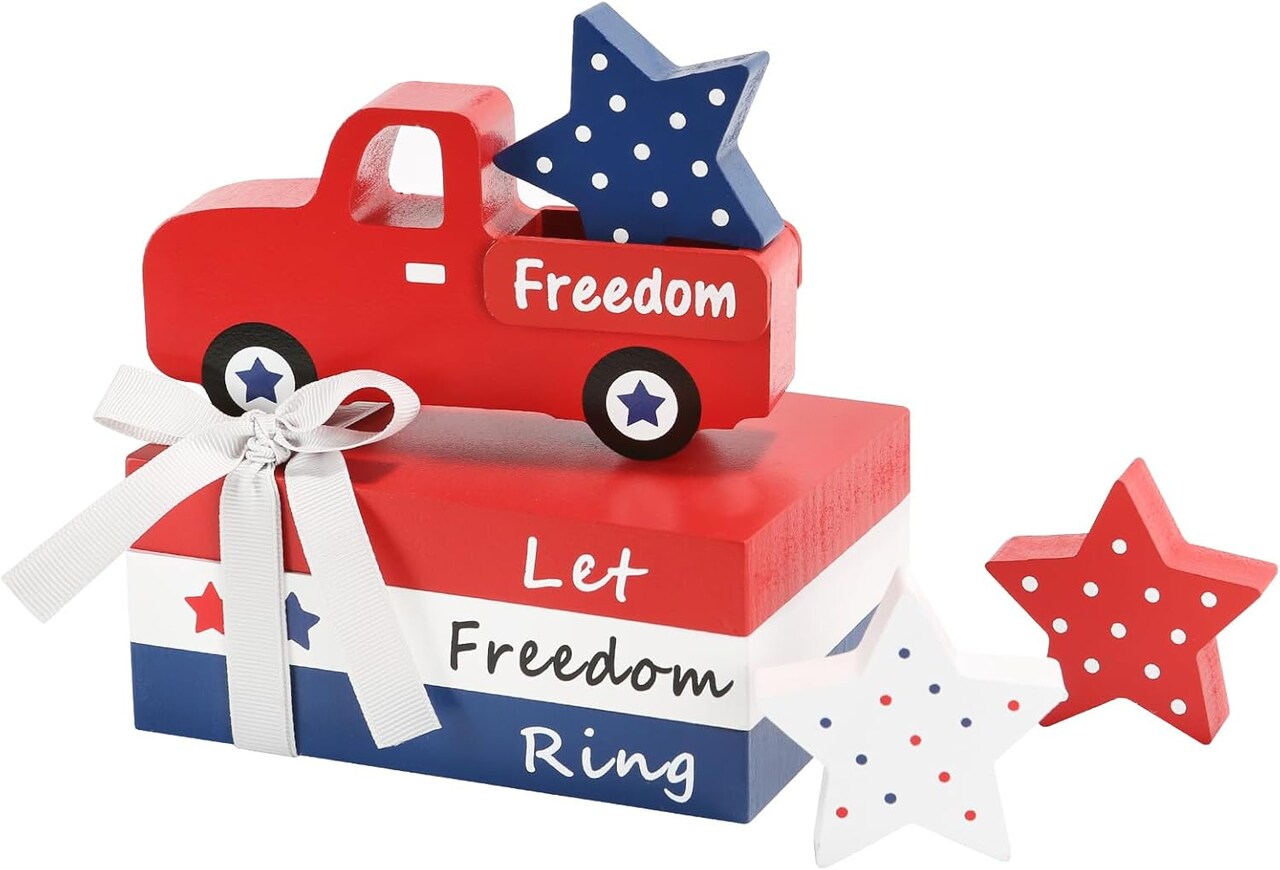 7-Piece 4th of July Decorations – Patriotic Wooden Table Centerpieces with Red Truck, Star & Faux Book Stack for Tiered Trays, Home, Office, Shelf & Mantel
